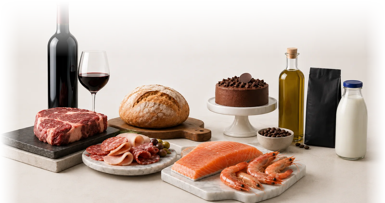 Cortes de carne, carnes frías, pan artesanal, vino, salmón, camarones, pastel, café, aceite de oliva y leche